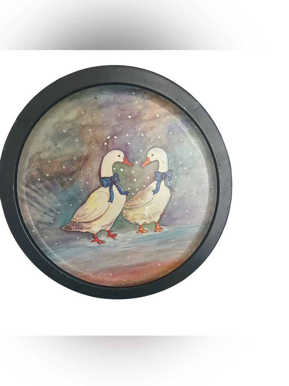 vintage JSNY (Jeffrey Scott New York) country goose round metal tray.